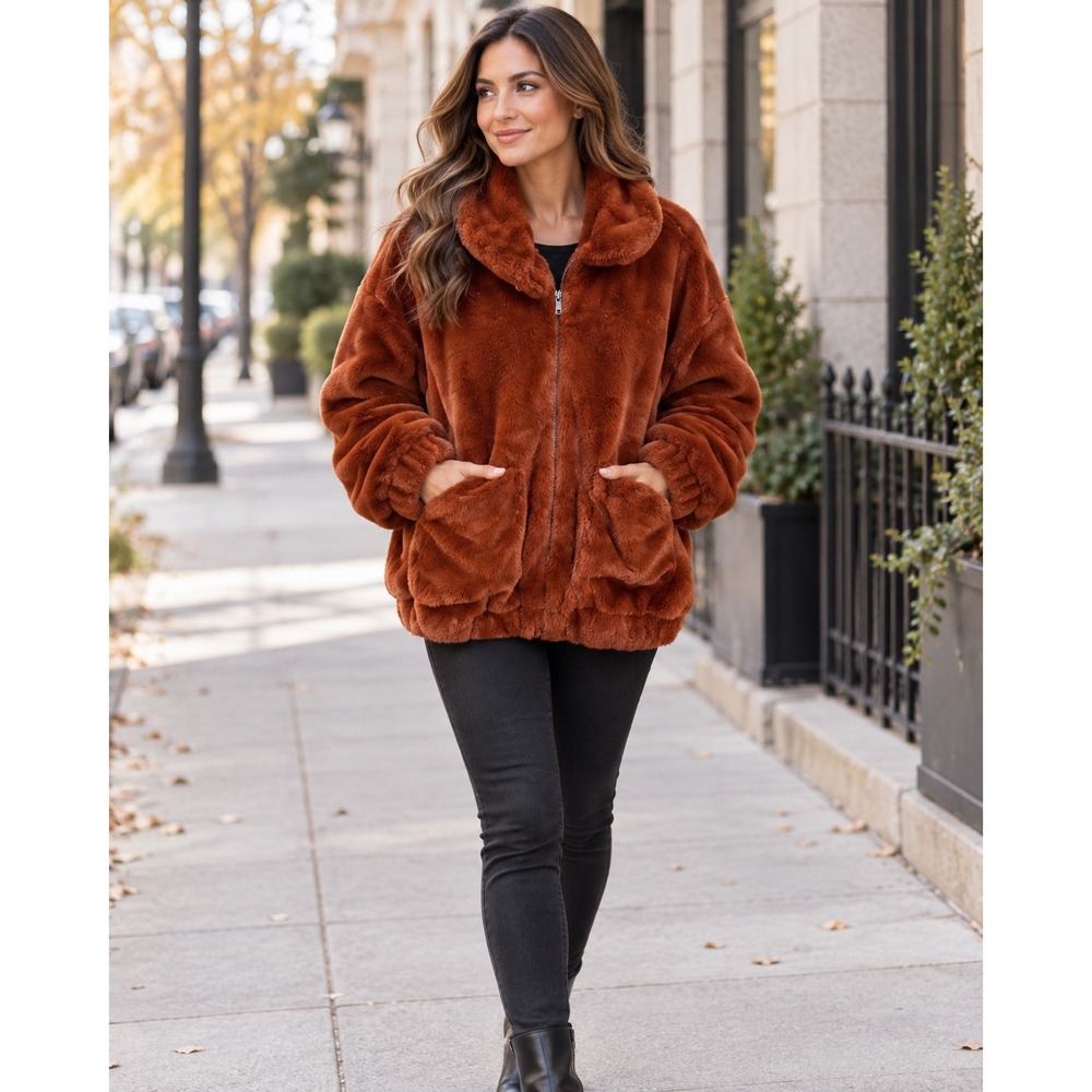 PrettyLittleThing Rust Faux Fur Oversized Zip Up Jacket Burnt Orange Coat